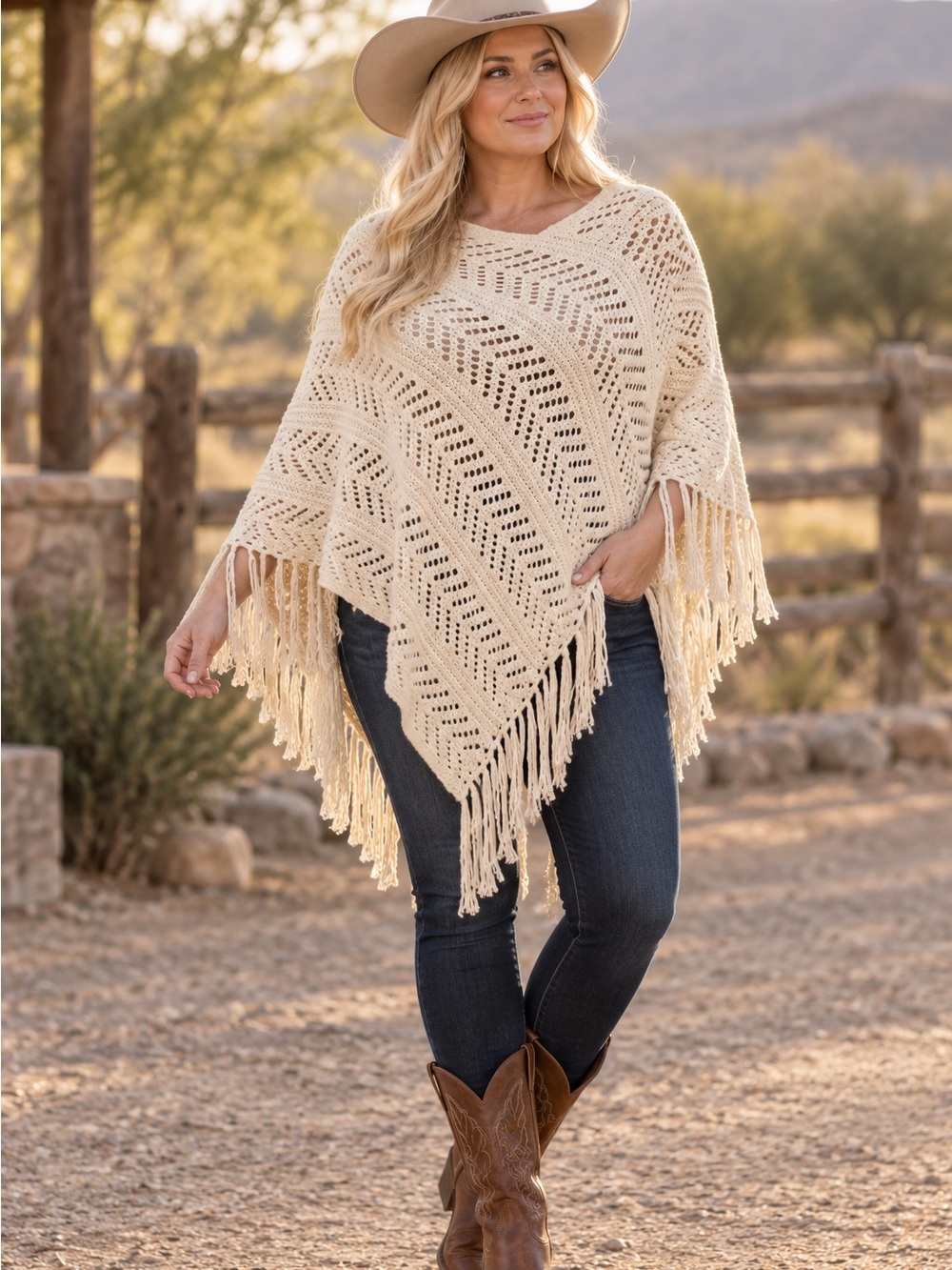 ZARA Cream Open-Knit Fringe Poncho Size S/M – New
